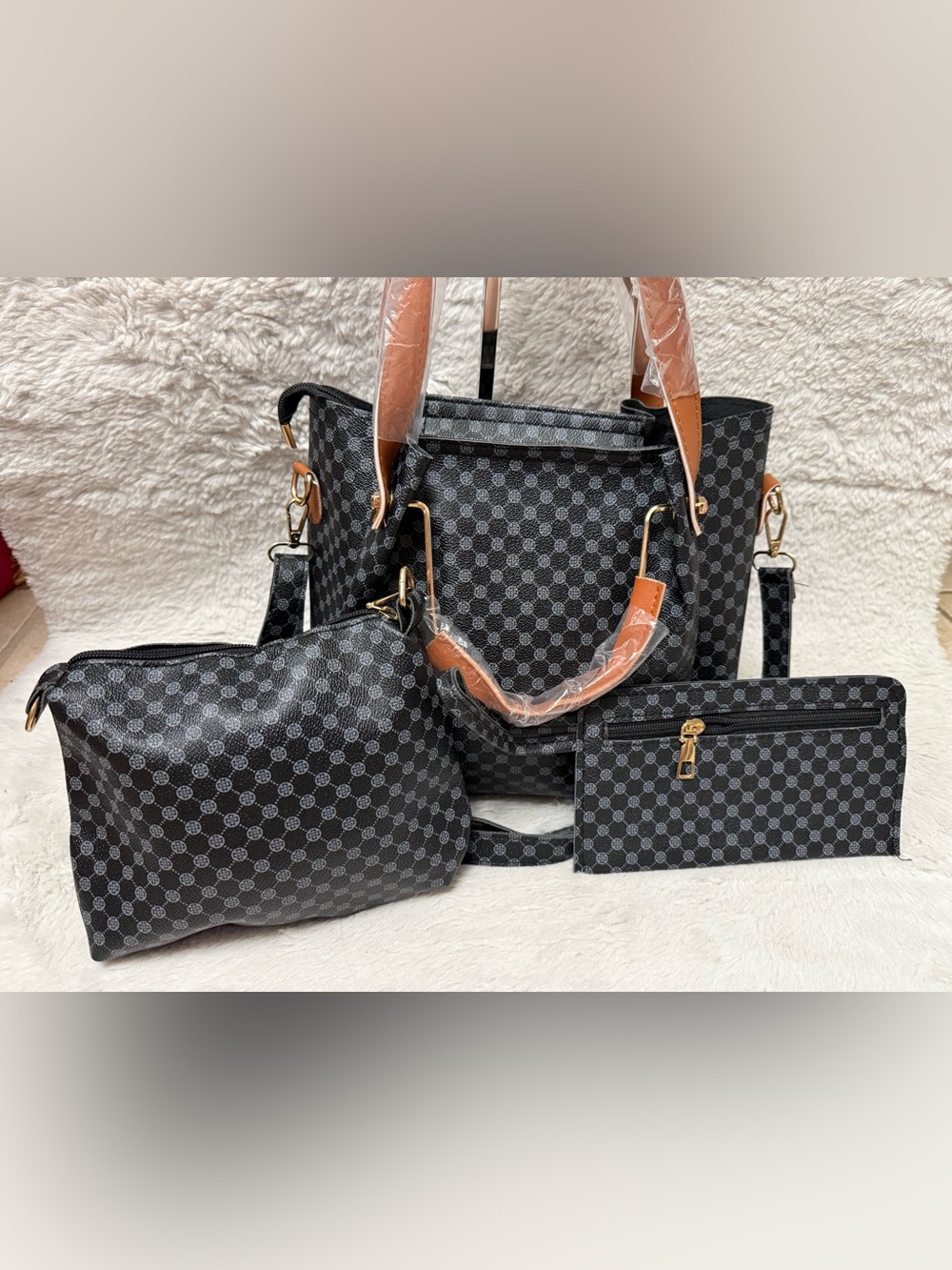 Black Patterned 3-Piece Tote Set with Brown Trim